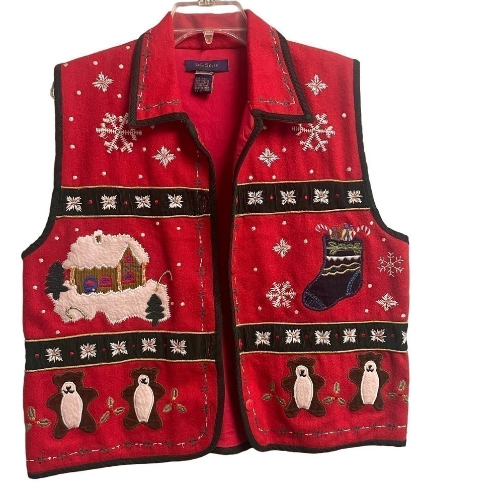 Vintage Christmas Wool Vest, Size Large, Life Style Embroidered